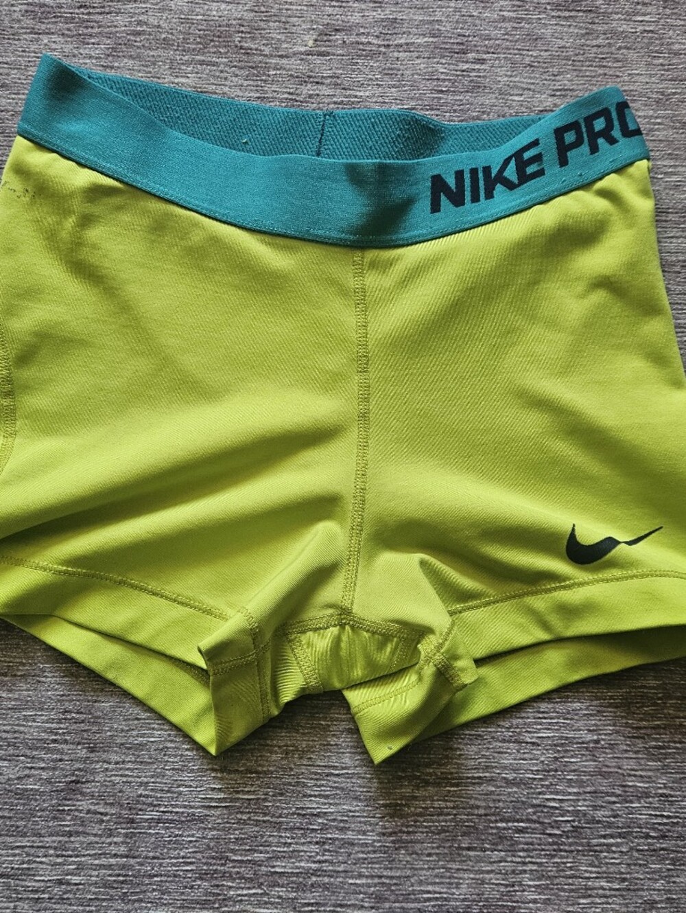 Nike Pro Women's Lime Green Training Bike Shorts with Teal Waistband